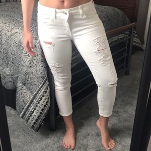 AE jegging crop, super stretch ripped white jeans.